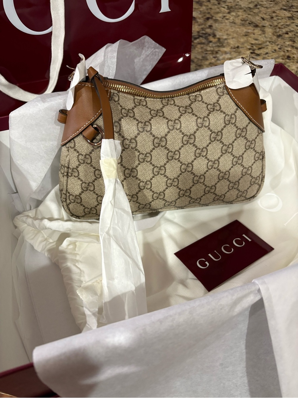 Gucci Beige and Brown GG Canvas Shoulder Bag with Leather Trim - Picture 3 of 6